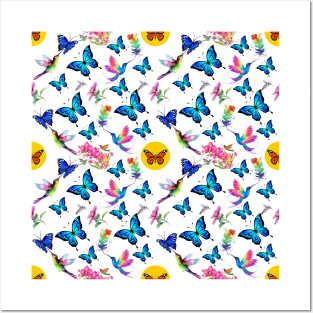 Butterflies hummingbirds and blooming flowers pattern Posters and Art